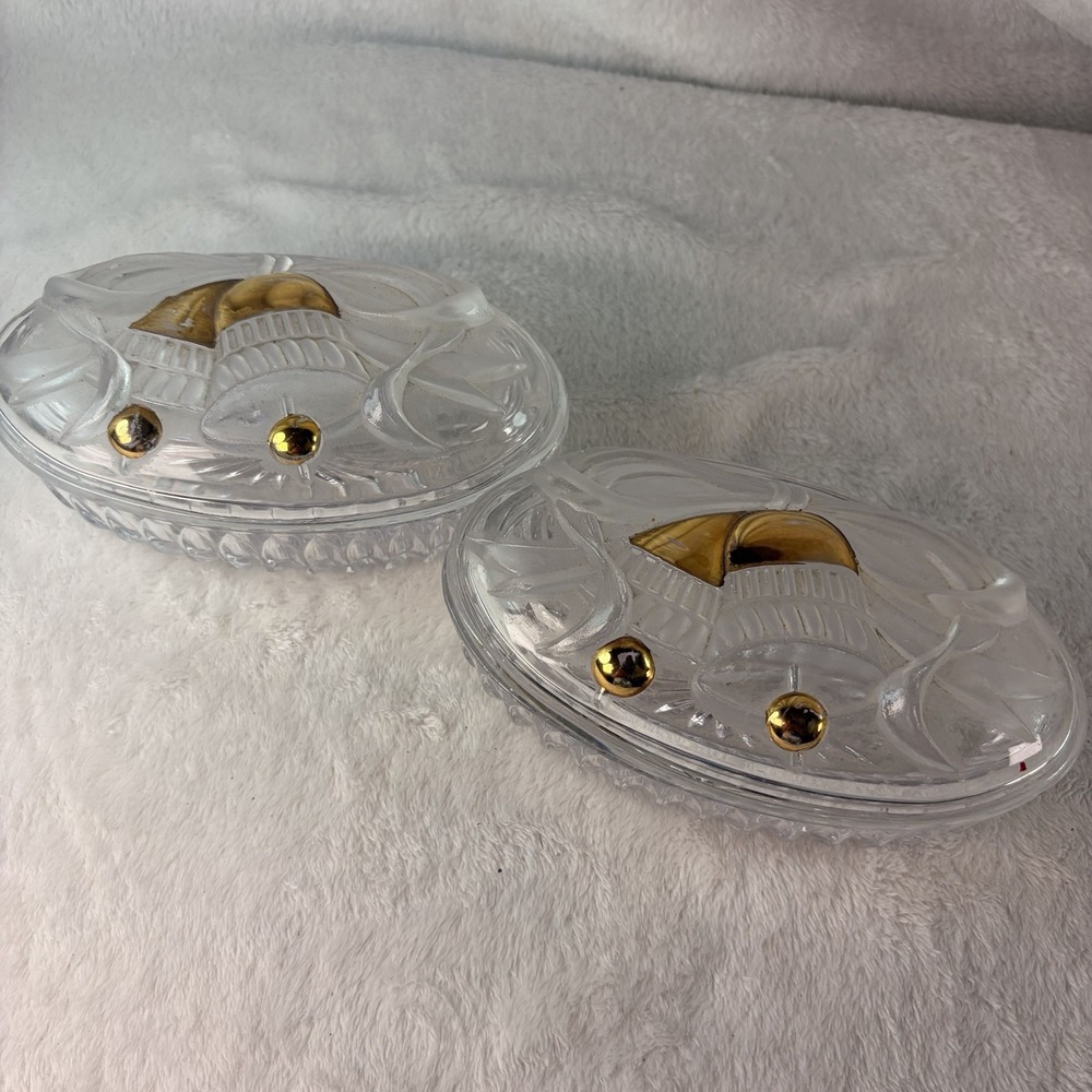 Vintage 80s Studio Nova Gilded Bells Crystal Oval Covered Trinket Dishes Set 2